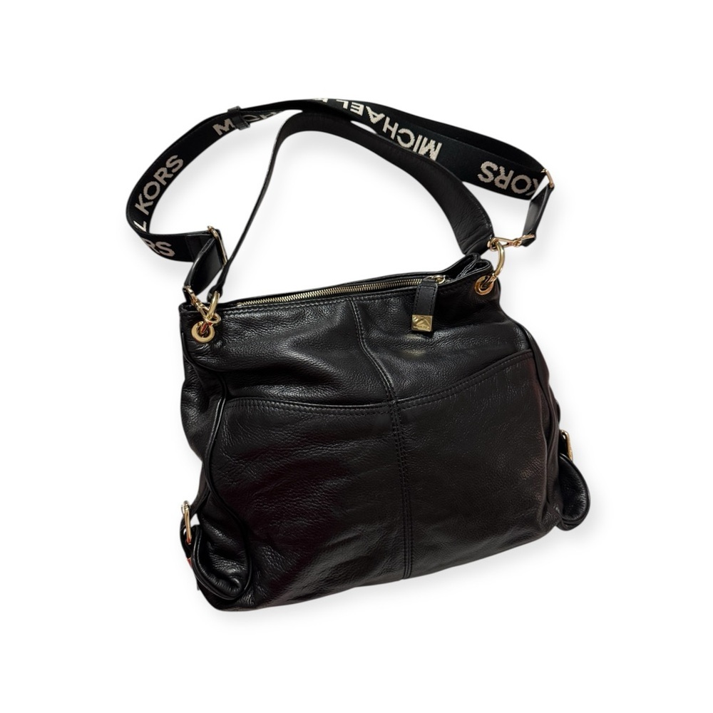 Michael Kors Black Leather Hobo Shoulder Bag Logo Strap - Picture 4 of 11